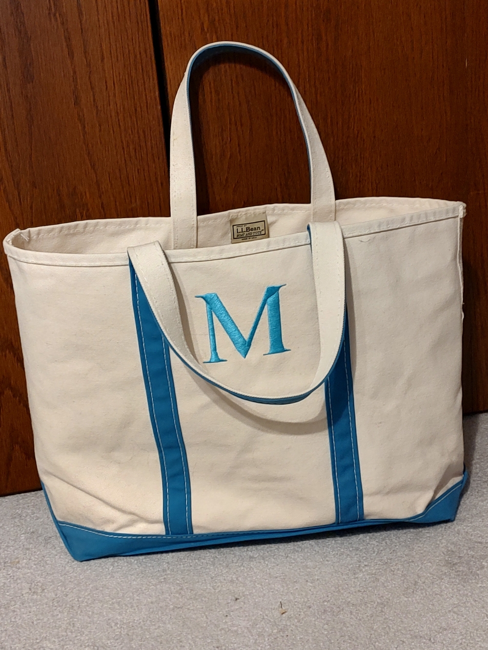 L.L. Bean Canvas Tote Bag in Cream with Blue Trim